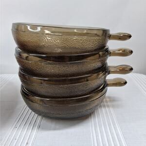 Vintage Soup Chili Textured 5" Bowls Set of 4 Smokey Brown with Handles
